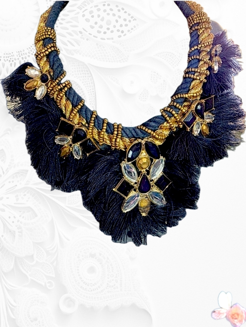 Veronese Boho Tassel Statement Necklace Gold Tone Navy Fringe Bib READ